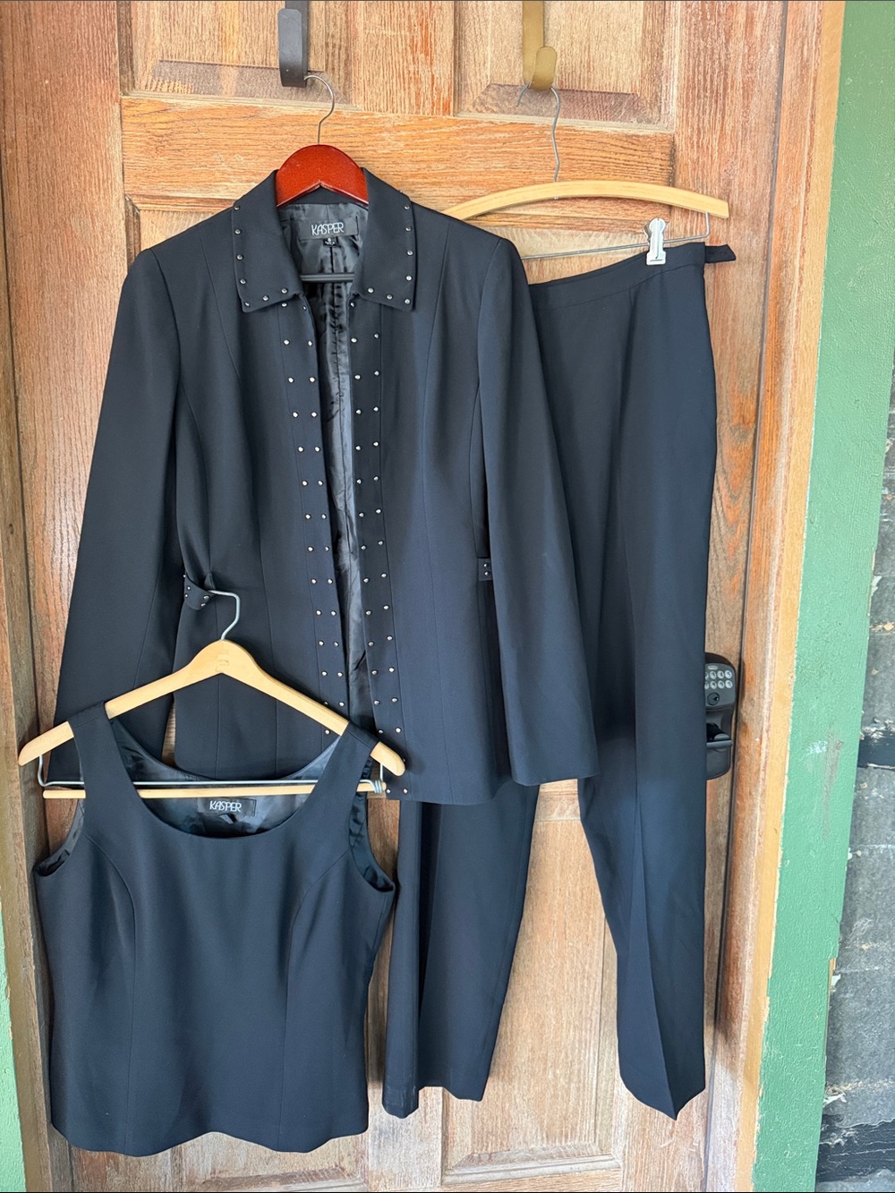 Kasper Black 3-Piece Stud-Trim Pant Suit with Tank